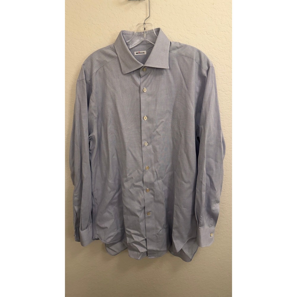 Kiton Napoli Mens Blue White Micro Pattern Cotton Dress Shirt 16.5 42 Italy